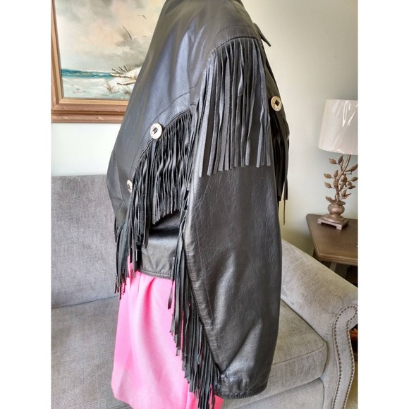 Womans Black Leather Biker Motorcycle Jacket Sz Med Excellent Vtg Fringe Short - Picture 3 of 9